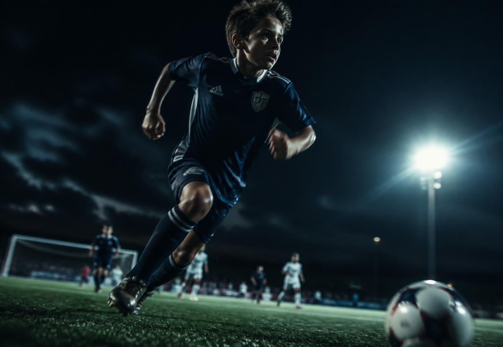 Club soccer player sprinting under floodlights during combine testing